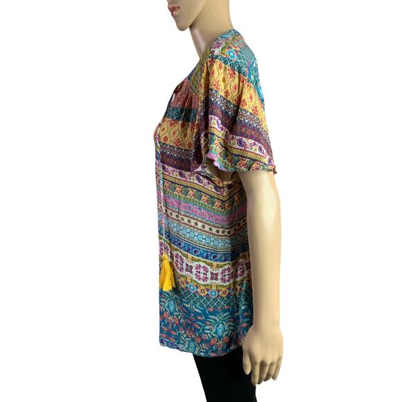 One World Women's XL Blouse Boho Metallic Threading Short Sleeve V Neck Tassels - Picture 7 of 12